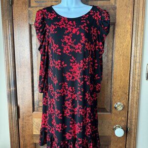 MSK Black w/Red Scattered Flowers Pullover Dress w/Shirred Sleeves Medium